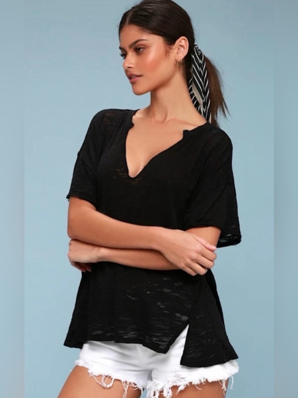 We The Free Free People Maddie Distressed Deep V-Neck Black Burnout Tee Shirt M